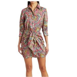 Cinq A Sept Gaby Dress Draped Tie Front 3/4 Sleeves Pink Paisley Size 10